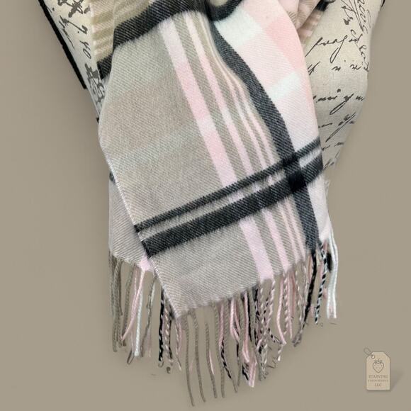 Soft Pink Gray Plaid Fringe Scarf Wrap | Softer Than Cashmere | Unisex Winter - Picture 4 of 7